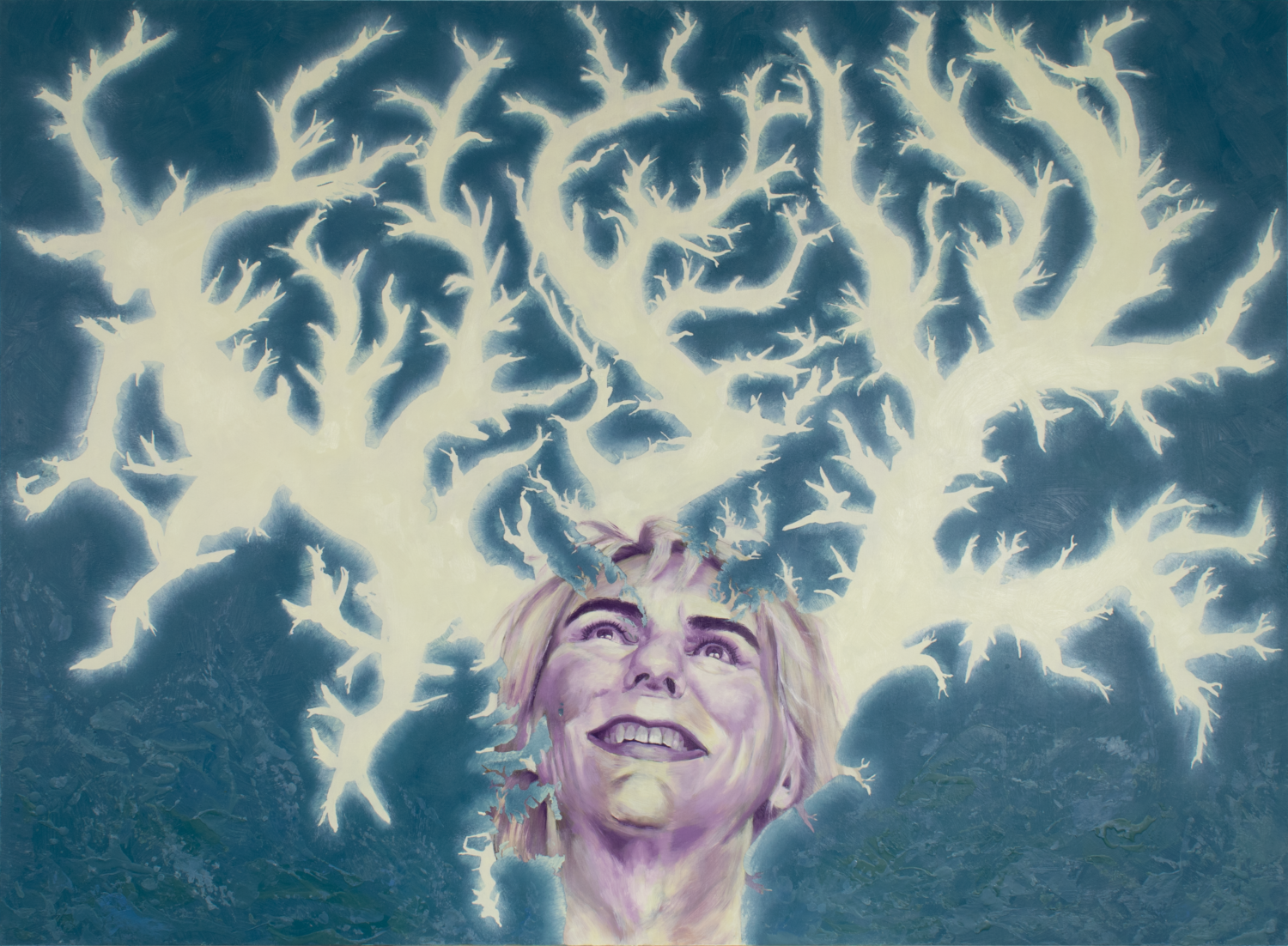 Painting of trans woman's face in purple tones looking up smiling joyfully. From around her face emanates branching dendritic patterns glowing with yellow light. The foreground is a deep blue-green with wave-like textures build in encaustic wax.